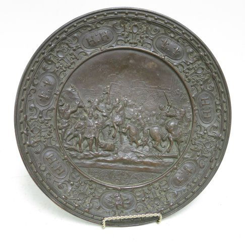 Renaissance style bronze figural charger: Depicting "Soldiers", with initials HH on edge. Approx. 12.5" Diam. From a LI, NY estate. Good condition.