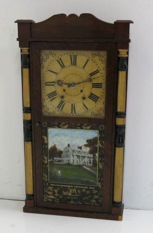 E. & GW Bartholomew American wall clock: Hand painting of figure & house, home of Edward S. Brewer, Long Meadow, Massachusetts. 19th century. Approx. 33.75" H x 18". Wear on face.