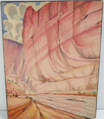 "Southwest Landscape", C. Bertram Hartman: Watercolor on paper, laid on board. Unframed. Signed lower left, C. Bertram Hartman. C. Bertram Hartman, American (1882-1960). Approx. 26" x 20". Some wear.