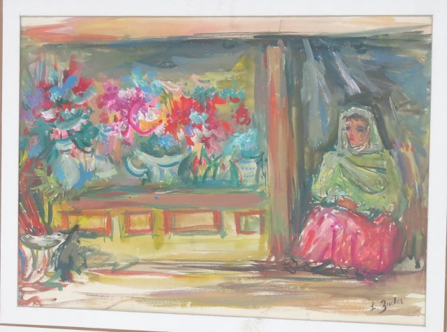 Seated Woman, Jacques Zucker: Watercolor. Framed. Signed lower right, J. Zucker. Jacques Zucker, (1900-1981). Approx. 15" x 21" w/o frame, 25.75" x 31.5" with frame. Good condition.