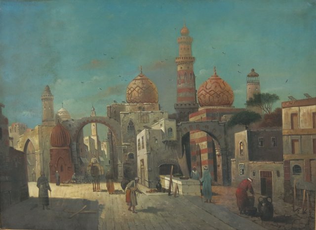 Framed oil on canvas-Middle eastern City 19thc: Artist signed lower right 29"H x 40"W, Framed 40" x 48"