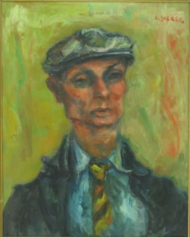 "Portrait of Man with Cap", J. Zucker: Oil on canvas, framed. Jacque Zucker, Polish (1900-1981). Approx. 20" x 16" without frame, 27" x 22.5" with frame. Good condition.