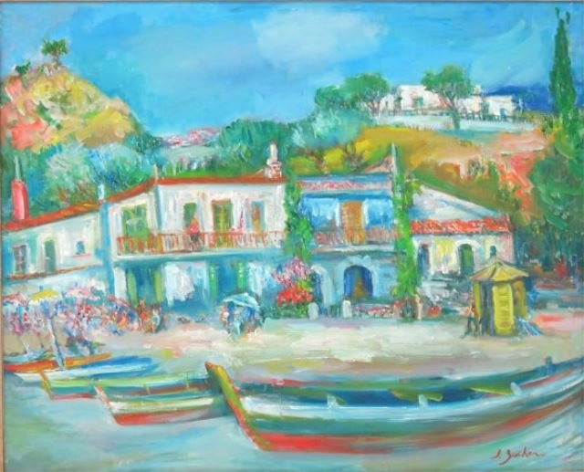 "Mediterranean Shore Scene", J. Zucker: Oil on canvas, framed. Jacque Zucker, Polish (1900-1981). Approx. 23" x 28" without frame, 27.25" x 32.25" with frame. Good condition.