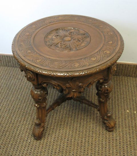 Carved walnut taboret table with glass top: Approx. 18.5" H x 19.5" D.(3507) Needs refinishing.