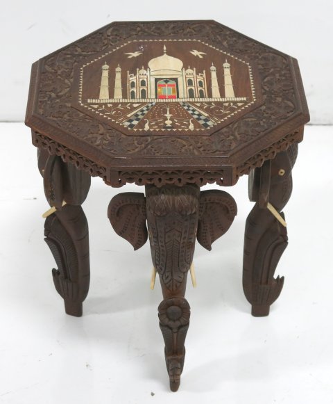 Elephant carved foot inlaid table: Approx. 17" H x 14" W.