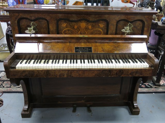 Walnut satin inlaid 19thc miniature piano: Upright, Henry Riley, Birmingham with swivel brass candleholders approx. 45"H x 54"W x 23"D