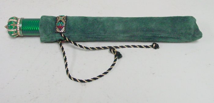 Vermeil silver & green enamel cigar case: crown top with leather case, 20thc, 8"L jeweled crown