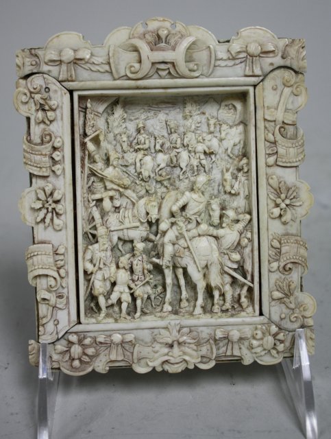 18/19th c. carved bone relief "Spanish Soldiers": Approx. 5" H x 4.25". Good condition.