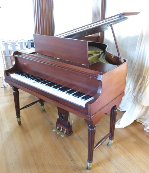 Schleiche baby grand piano: 73 keys. Schleiche Pianos, New York, Inc. Approx. 48" W x 48" D. Needs refinishing.