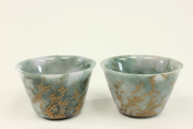 Pair Chinese jadeite brush washers: With gilt design. Approx. 2.5" x 4". Good condition.