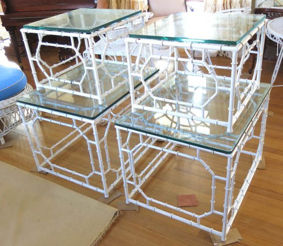 4 Faux bamboo glass top tables: With metal bases. Approx. 30" x 24" x 22 1/2"H, 21"sq x 16" H.