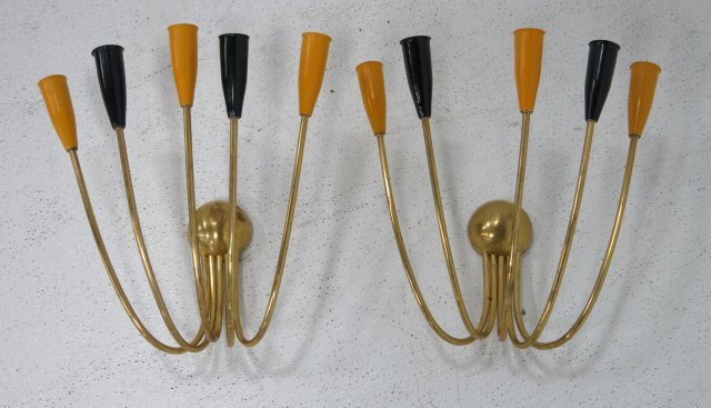 Pair Italian mid century brass 5 light sconces: Approx. 13" H x 15" W. Some paint restorations.