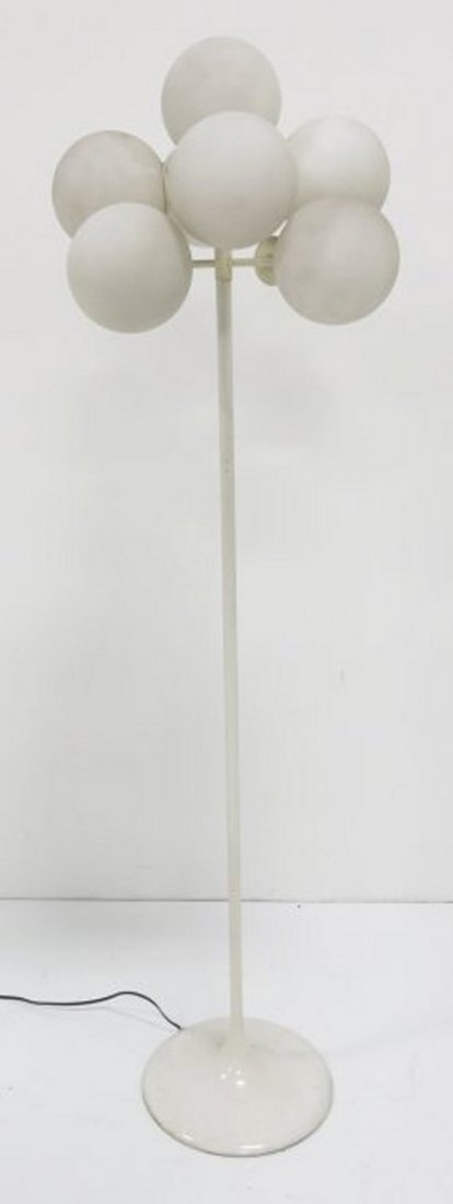 Swiss white lacquered floor lamp: From the estate of Charlotte Thomas. 1 globe missing. Minor scratches.