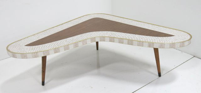Boomerang mosaic top coffee table: Approx. 15" H x 54" W.