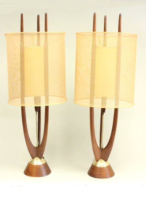 Pair mid century teak 3 way lamps: Approx. 40" H. Ca. 1955