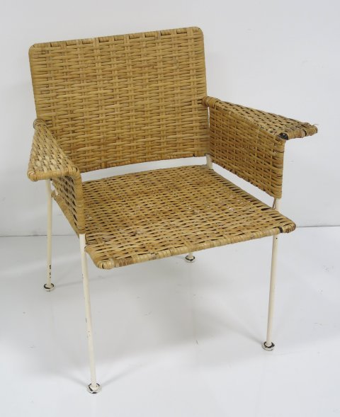 Paul McCobb woven reed metal chair: Approx. 29" H x 27" W x 22" D. Provenance, Nathan & Janet Appleman Commission Ocean, NJ 1956. Paint chips throughout, reeds slightly loosening.