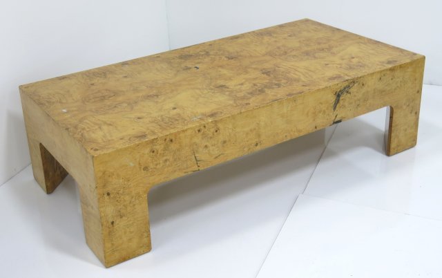Modern burl ash coffee table ca. 1970: Approx. 15.25" H x 54" W x 27.25" D. Provenance, Nathan & Janet Appleman Commission Ocean, NJ 1956. Finish marked, minor staining.