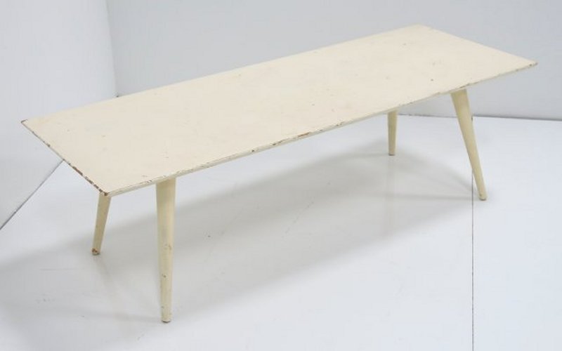 Paul McCobb white painted coffee table: Approx. 14.75" H x 48" W x 18" D. Provenance, Nathan & Janet Appleman Commission Ocean, NJ 1956. Painted later, wear to finish.