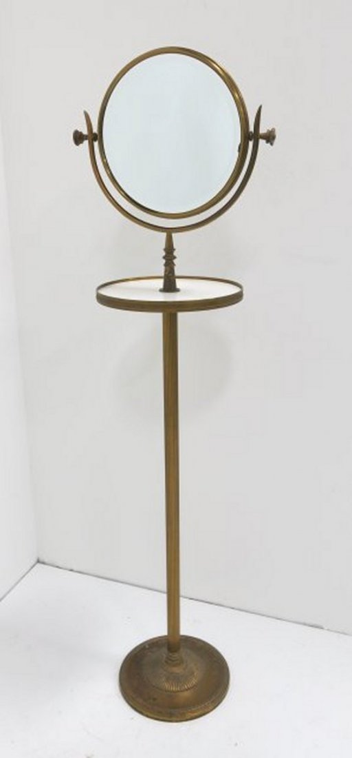 Tommi Parzinger brass dressing mirror: Approx. 58" H. Provenance, Nathan & Janet Appleman Commission Ocean, NJ 1956. Brass stained & oxidized.