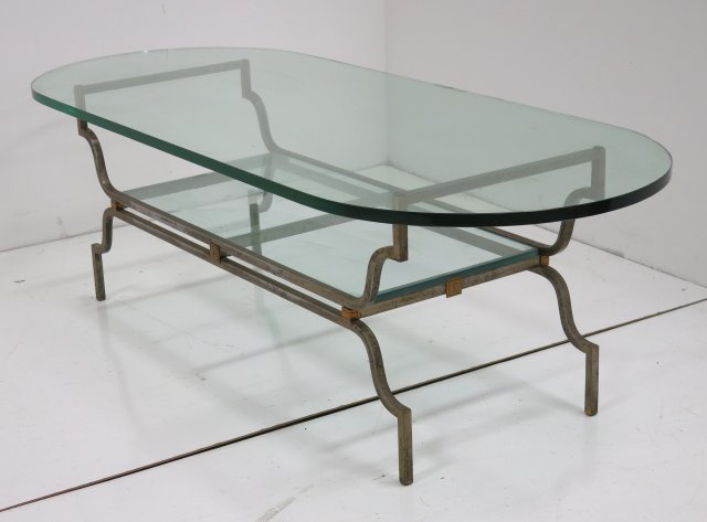 Tommi Parzinger steel & brass coffee table: Approx. 18" H x 59.75" W x 24" D. Provenance, Nathan & Janet Appleman Commission Ocean, NJ 1956. Slight pitting throughout, glass has slight chips.