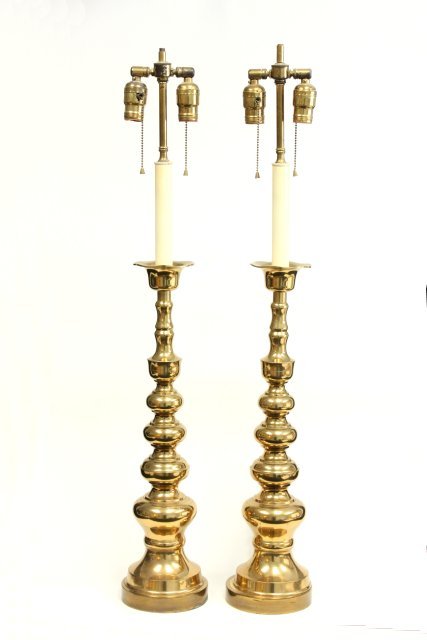 Tommi Parzinger pair brass baluster lamps: Approx. 22.75" H. Provenance, Nathan & Janet Appleman Commission Ocean, NJ 1956. Good condition.
