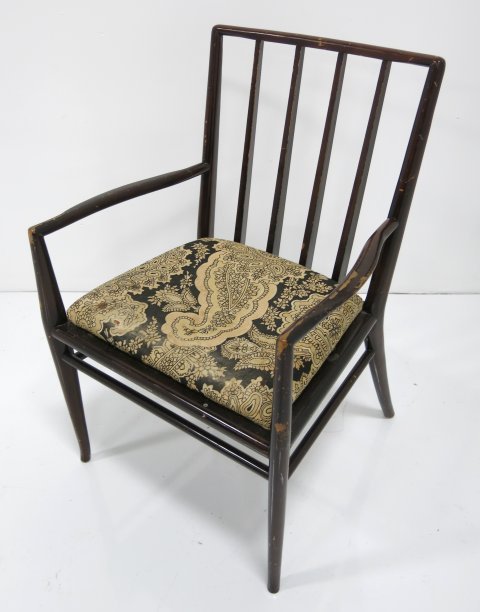 Tommi Parzinger walnut open armchair: Approx. 34" H x 22.75" W x 22" D. Provenance, Nathan & Janet Appleman Commission Ocean, NJ 1956. Finish scratched & chipped throughout.