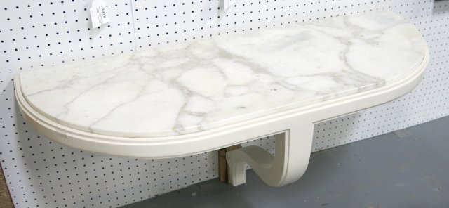 Tommi Parzinger white painted console: With marble top. Approx. 21" H x 46" W x 18" D. Provenance, Nathan & Janet Appleman Commission Ocean, NJ 1956. Good condition.