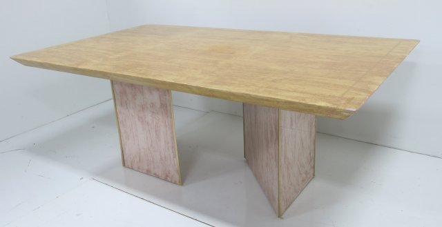 Karl Springer style Faux parchment dining table: Approx. 29.5" H x 44" W x 75" L. Brass lifting at feet. Edges worn. Slight craquelure in finish.