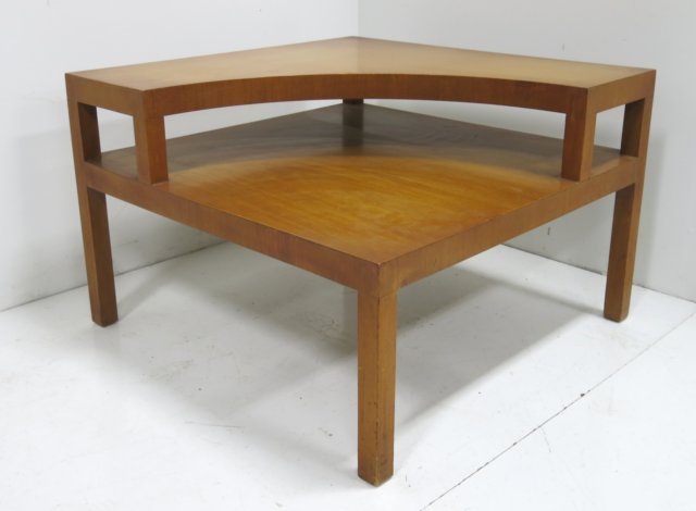 T.H. Robsjohn Gibbings for Widdicomb table: Walnut, 2 tier, ca. 1950, labeled Widdicomb Original. Approx. 23.75" H x 36" W x 36" D. Discoloration in finish on top, minor scratches & chips.