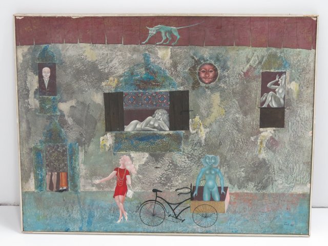 Losi Cinello, "Street Walker": Oil on board. Framed. Signed lower right Cinello 1969. Gallery label rear: Arno Galleria D'Arte-Firenze. Approx. 24" x 32" framed. Nicks to edges.