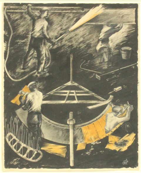Semion Pavlov, "Four Workers": Gouache on paper. Framed. Monogrammed & dated lower right. Barry Freidman Gallery label. Signed in Cyrillic on verso. Semion Pavlov, Soviet Union (1893-1941). Approx. 21" H x 16 7/8" W sight, 33.5" H 