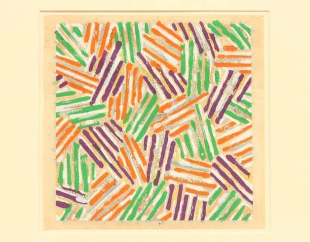 Jasper Johns, "Brook Alexander Cover" 1977: Color screen print on parchment. Framed. Published as catalogue cover for Brook Alexander 1977. Jasper Johns, American (born 1930). Approx. 10" H x 10" W sight, 16.5" H x 16.5" W unframed. From a priv