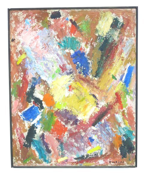 Haley Manlius Perkins, "6 Cauldron": Oil on board. Framed. Signed lower right. Haley Manlius Perkins, American Abstract Expressionist & member of the Boston 5 Group (1883-1964) American . Approx. 30" x 24" unframed, 31" x 25" framed.