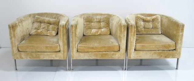 3 Harvey Probber club chairs: Approx. 26.5" H x 28" W x 26" D. Slight wear on arm.