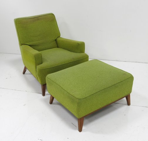 Paul McCobb club chair & ottoman: Ca 1960. Cherry original upholstery. Chair approx. 33" H x 29" W x 35" D, ottoman 16" H x 28.5" W x 24" D. a. 1950
