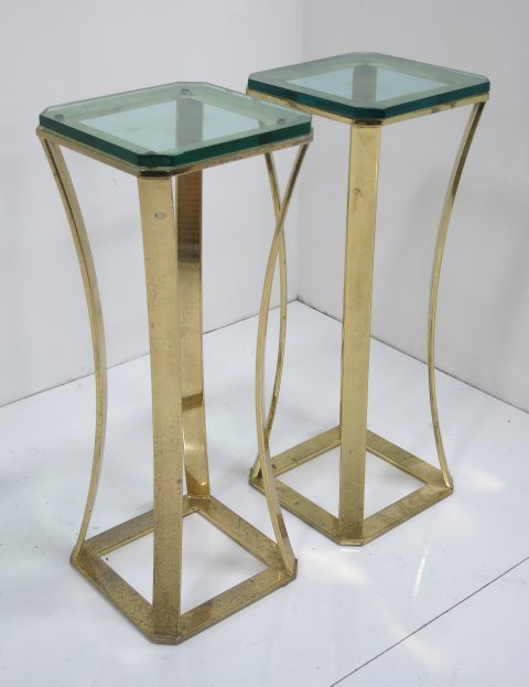 Pace Collection pair pedestals: Brass finish and glass, Ca. 1970, Approx. 36" H x 13.75" W x 13.75" D.