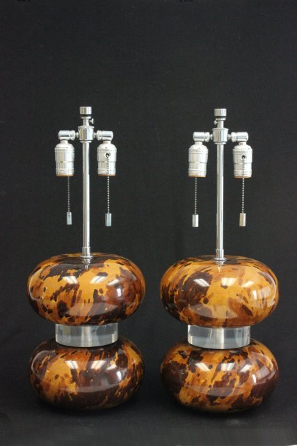 Pair of Karl Springer lamps: Lucite & faux tortoise shell composition.