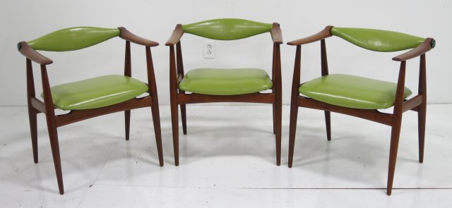 Hans J. Wegner 3 model CH34 teak chairs: For Carl Hanson & Sons. Branded on base of seat. Upholstered in avocado leatherette and enameled aluminum screws. Approx. 27.75" H x 24.5" W x 19.75" D.