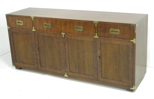 Henredon brass mounted rosewood campaign cabinet: Ca. 1960. Approx. 30.75" H x 68" W x 19" D. Good condition.