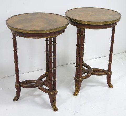 Pair John Widdicomb side tables: Faux bamboo legs. Approx. 28.5" H x 18.75" D. Good condition.