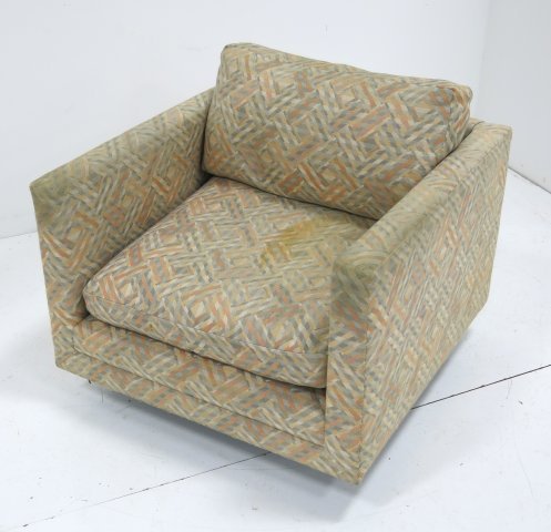 Harvey Probber swivel armchair No. 1461: Ca. 1955. Approx. 22.5" H x 29.25" W x 30" D. Stained fabric on 2 fitted cushions.