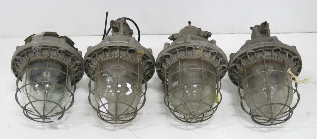 Set of 4 industrial ceiling fixtures: Approx. 16" H x 14" Diam. Good condition.