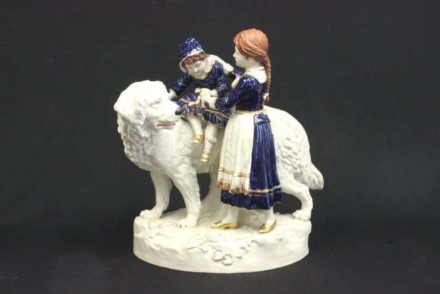 Royal Dux porcelain "Mother with Child & Dog": Approx. 16.5" x 14" W. Restorations on base.
