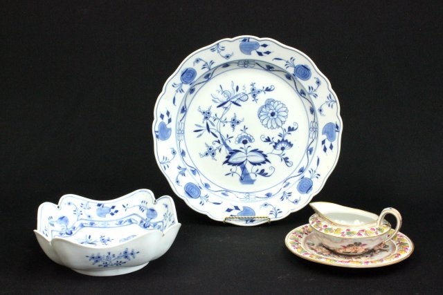 Group lot of porcelain: Including: 2 Capodimonte items, Blue onion Meissen style bowl & round dish, approx. 12" Diam. Good condition.