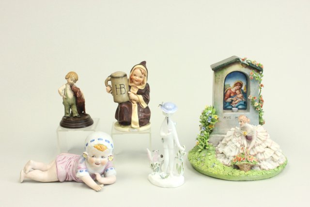 Group lot of 5 figures: Including: Rosenthal R. Peynet figure, Freidel figure, Bisque "Piano Baby", Capodimonte figure & "Ballerina with Flowers Seated by Chapel". Tallest approx. 8.5" H. Good condition.