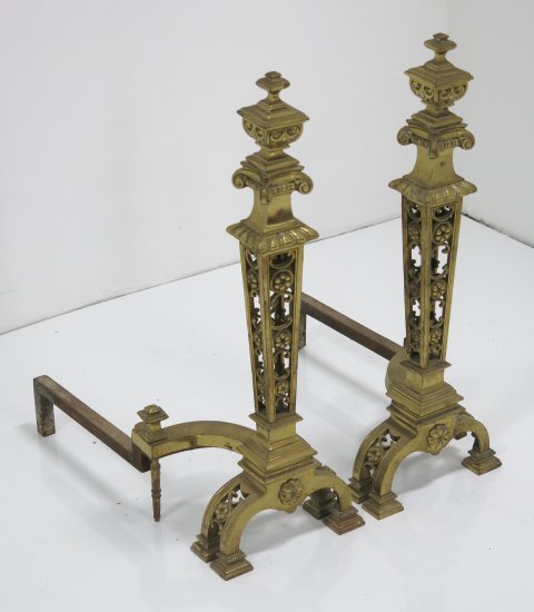 Pair bronze American andirons: Approx. 28" H. Good condition.