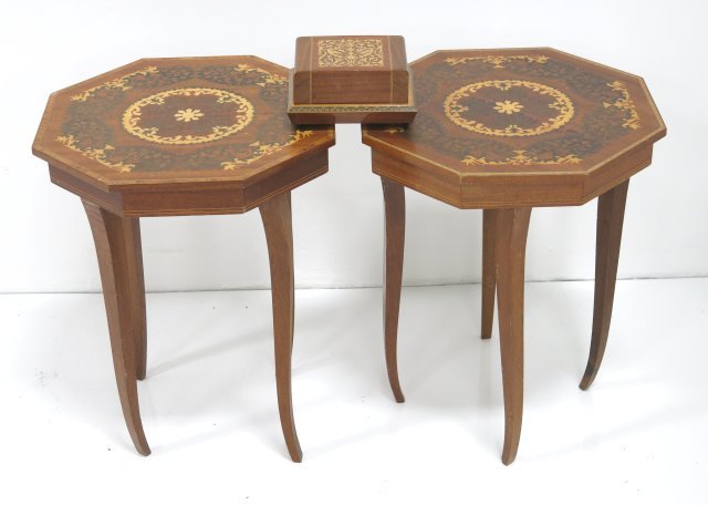 Pair Italian inlaid tables with cigar box: All pieces with music boxes. Table approx. 19.5" H x 15.75" W. Good condition.