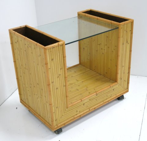 Rattan mid-century server on wheels: Approx. 28.5" H x 20" x 32". Glass cracked
