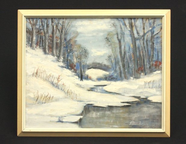 F. Phil Brown, "Winter Landscape": Oil on canvas. Framed. Signed & dated 1946 lower right. Approx. 19" x 24" without frame, 22.5" x 27" with frame Good condition.