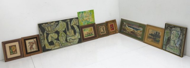 Group lot of 10 oil paintings & watercolors: Including Artists: Morris Katz, A. Dituora, Mari, Henderson, S. Zuckerberg. Mid century. Good condition.
